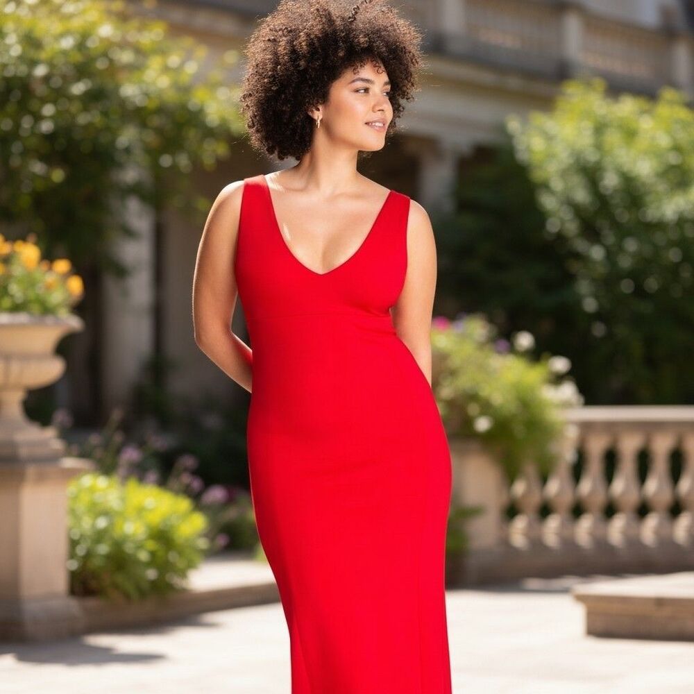 NWT SPANX Ponte V-Neckline Sleeveless Midi Shapewear Dress 2XL Red Back Slit Zip